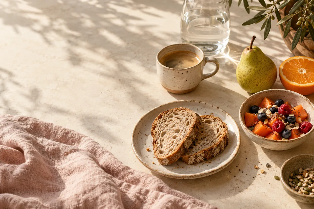 Mesa de café da manhã com pão, frutas, café e uma toalha de linho rosé iluminada pelo sol